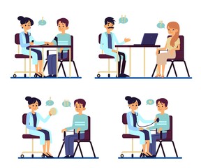 Set of doctors sitting and consulting patients in medical office cartoon style