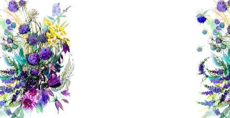 Horizontal border of watercolor flowers. Wedding Greeting Card. Frame of wildflowers. Watercolor wild flowers. Summer floral decor