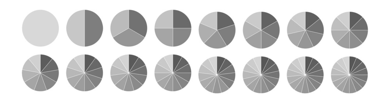 Fraction. Segmented Circles Set Isolated On A White Background.Big Set, Of Wheel Diagrams. Various Number Of Sectors Divide The Circle On Equal Parts