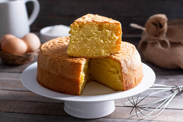 Homemade sponge cake on a white plate