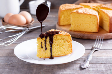 Homemade sponge cake with chocolate on a white plate