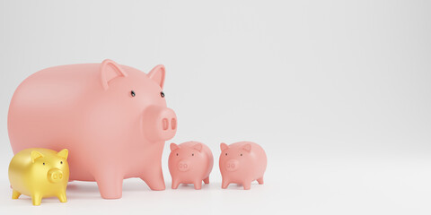  3d rendering family Golden piggy bank standing out from concept.There is a gold color different from other ones in the family.