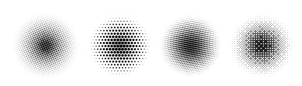 Set of halftone circle. Vector vintage gradient dots background. Abstract texture with black particles.