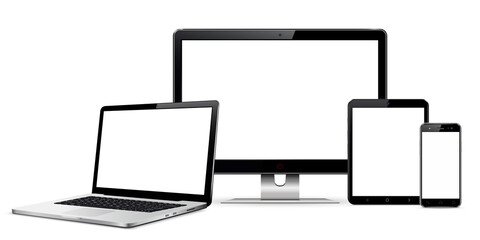 Set of blank screens with computer monitor, laptop, tablet, and smartphone
