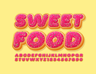 Vector delicious logo Sweet Food with Donut Font. Pink Glazed Alphabet Letters and Numbers with Sprinkles