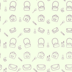 Seamless pattern of beauty and cosmetic icons and female bags. Cosmetic bag and lipstick with nail polish. Vector outline contour. For design and packaging, printing and design