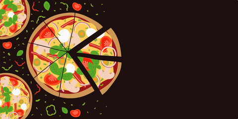 Web banner with tasty pizza. Design for pizzeria or fast food restaurant. Empty space for text. Pizza with mushrooms, tomatoes, onion, bacon, cheese, and basil. Flat vector design