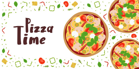 Pizza Time banner with tasty pizza. Delicious beautiful home-made pizza. Empty space for text. Pizza with mushrooms, tomatoes, onion, bacon, cheese, and basil. Flat vector design