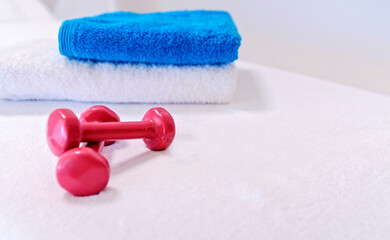 Purple dumbbells on a massage table..Physiotherapist office..Health concept.