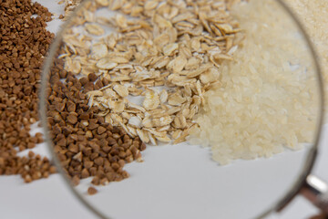 Mixed cereals, buckwheat, oatmeal, rice on the background