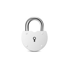Realistic white metal padlock isolated on white background