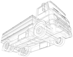 Vector Wire-frame isolated Flatbed truck on background. Vector rendering of 3d.