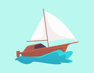 Cartoon wooden motorboat with white sail riding a blue water wave