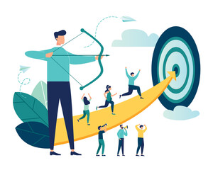 Vector illustration of a businessman archer aiming at a target, people run to their goal along the arrow to the cutter, raise motivation, the way to achieve the goal  - obrazy, fototapety, plakaty