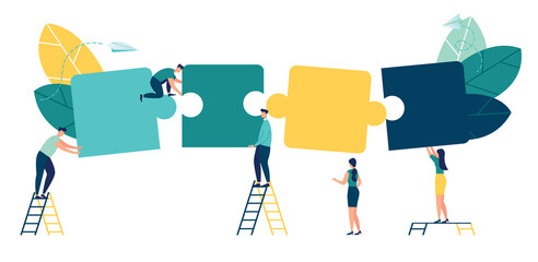 Business concept. Team metaphor. people connecting puzzle elements. Vector illustration flat design style. Symbol of teamwork, cooperation, partnership. - obrazy, fototapety, plakaty