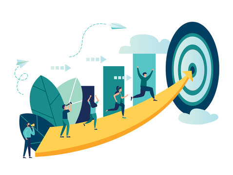 Vector illustration, people run to their goal on the column of columns, move up motivation, the path to the target's achievement
