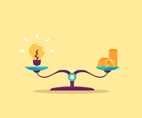 Idea against money on balance scales, flat vector illustration isolated.