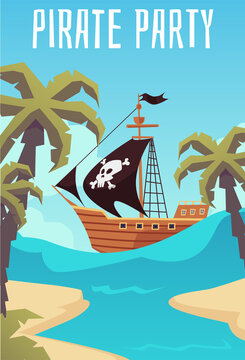 Banner for pirate party or treasure hunting quest, flat vector illustration.