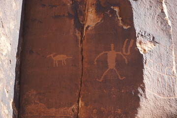 Petroglyphs carved into the sandstone in Indian Creek, Utah.