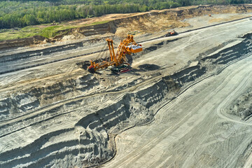 Bucket-wheel excavator for surface mining in a lignite quarry, Heavy industry of coal mining.