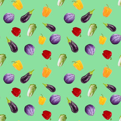 Seamless pattern veganism eggplant, peppers, cabbage on light green background. Gouache hand drawn illustration. Fresh food. Design for textiles, packaging, fabrics, menus, restaurants