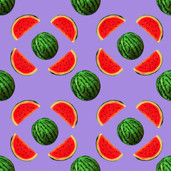 Seamless watermelons pattern. background with gouache watermelon slices on purple background. Fresh fruits seasonal background flat style