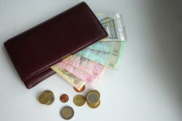 Bordeaux wallet with banknotes inside and coins outside isolated in a white background with grey shadow