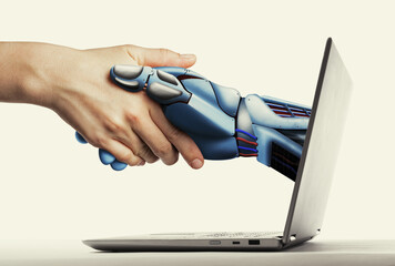 The handshake human with artificial intelligence via laptop. Artificial intelligence, concept of future.