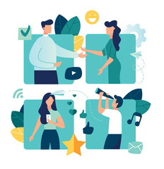 Vector flat illustration, people look out of big pictures, leave reviews, write messages, watch videos on the Internet, social networks