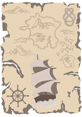 Sketch of a map with a ship. A map with frayed edges. Steering wheel, rope.