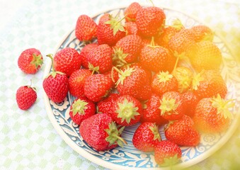 Ripe, juicy and sweet strawberries in a blue plate on a light background