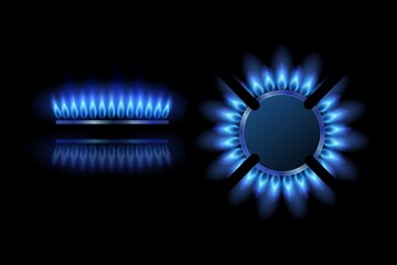 Gas burner ring with blue flame top view, front view.