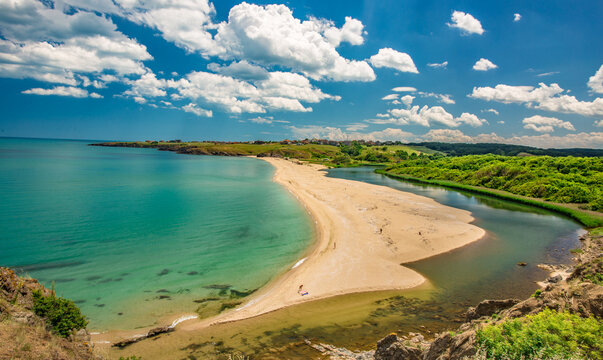 A beach at the mouth of the Veleka river.Sinemorets is a village and seaside resort on the Black Sea coast of Bulgaria, located in the very southeast of the country close to the border with Turkey
