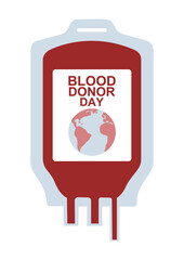 World blood donor day banner with red bloody plastic container and earth globe. A blood donation bag Isolated on white background. Flat vector illustration. Donor donation banner, poster, flyer EPS 10