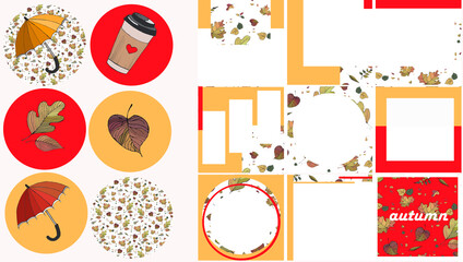 templates for Instagram with an autumn theme.Round icons, square patterns. Leaves, umbrella, coffee. Red and orange colors