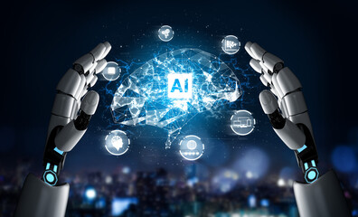 3D Rendering futuristic robot technology development, artificial intelligence AI, and machine...