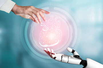 3D rendering medical artificial intelligence robot working in future hospital. Futuristic...