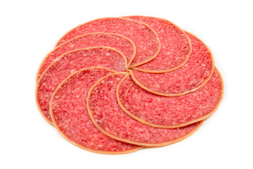 Salami slices isolated on white background.