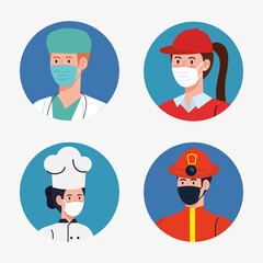 people workers with uniforms and workermasks vector design