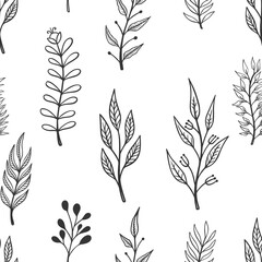 Seamless pattern with doodle style floral elements. Design element for poster, card, banner, t shirt. Vector illustration