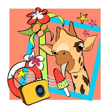Cute giraffe with ice cream. Summertime postcard illustration. Funny t-shirt print. Photo frame. Abstract vector cartoon flat illustration.