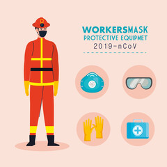 firefighter man with helmet and workermask vector design