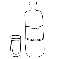 Bottle and glass. Black line outline drawing. Symbols and Icons