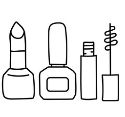 Beauty and fashion set. Contour drawings of decorative cosmetics. Mascara, lipstick and nail polish. Sign and line. Vector black outline.
