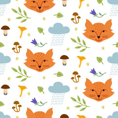Summer forest seamless pattern with friendly fox and mushrooms. Texture for fabric or wrapping paper.