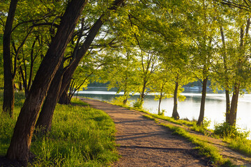 Naklejka premium Stone road turning along the river embankment