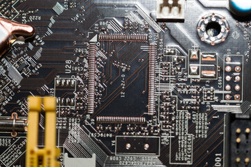 Closeup of electronic circuit board or PCB printed circuit board
