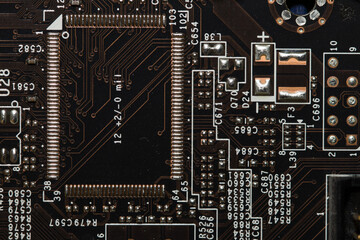Closeup of electronic circuit board or PCB printed circuit board