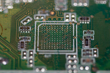 Closeup of electronic circuit board or PCB printed circuit board