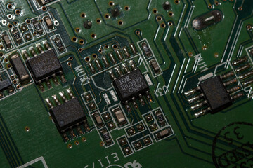 Closeup of electronic circuit board or PCB printed circuit board